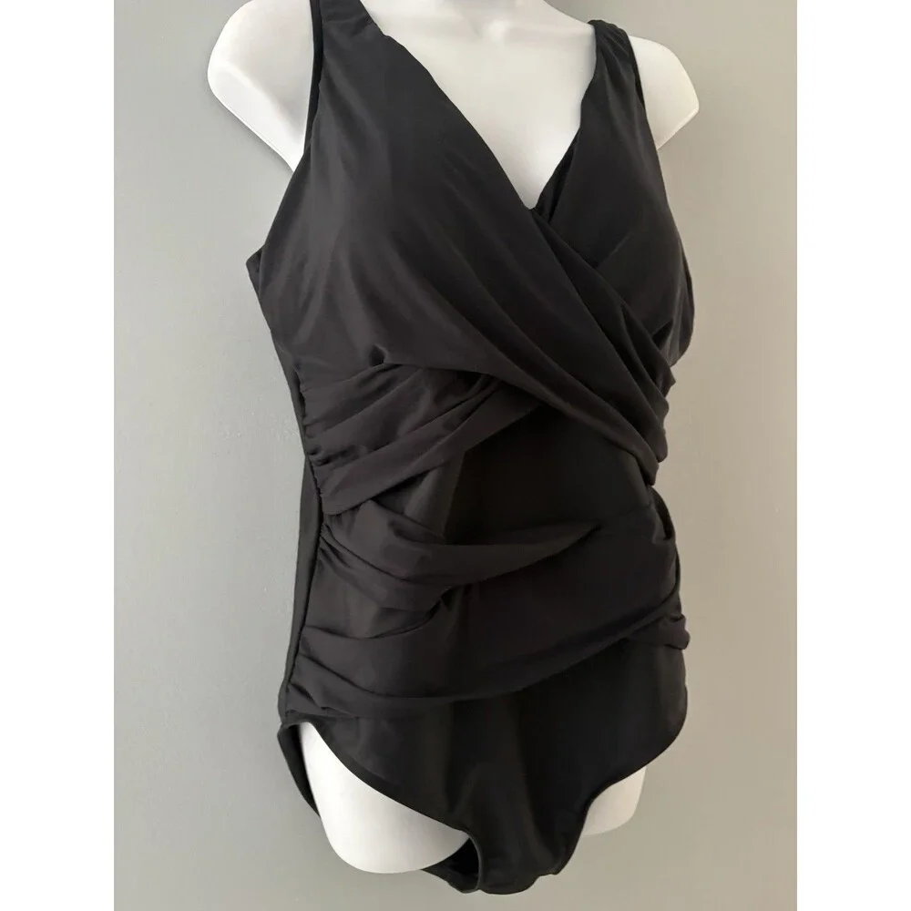 Miraclesuit One Piece Wrap Swimsuit Size 18 Black Ruching Slimming 6502910